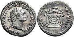 Roman Imperial Titus, 79-81. Denarius (Silver, 18 mm, 3.17 g, 6 h), Rome, 80. IMP TITVS CAES VESPASIAN AVG P M• Laureate head of Titus to right. Rev. TR P IX IMP XV COS VIII P P Pulvinar of Jupiter an