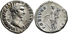 Roman Imperial Nerva, 96-98. Denarius (Silver, 17 mm, 3.37 g, 6 h), Rome, 97. IMP NERVA CAES AVG P M TR P COS III P P Laureate head of Nerva to right. Rev. FORTVNA AVGVST Fortuna standing front, head 