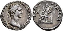 Roman Imperial Nerva, 96-98. Denarius (Silver, 18 mm, 3.49 g, 5 h), Rome, 97. IMP NERVA CAES AVG P M TR P COS III P P Laureate head of Nerva to right. Rev. SALVS PVBLICA Salus seated left, holding gra