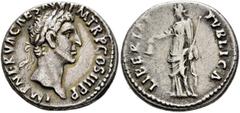 Roman Imperial Nerva, 96-98. Denarius (Silver, 18 mm, 3.35 g, 6 h), Rome, 97. IMP NERVA CAES AVG P M TR P COS III P P Laureate head of Nerva to right. Rev. LIBERTAS PVBLICA Libertas standing front, he