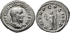 Roman Imperial Pupienus, 238. Denarius (Silver, 21 mm, 2.39 g, 12 h), Rome, circa April-June 238. IMP C M CLOD PVPIENVS AVG Laureate, draped and cuirassed bust of Pupienus to right, seen from behind. 