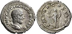 Roman Imperial Pupienus, 238. Denarius (Silver, 20 mm, 3.08 g, 6 h), Rome, circa April-June 238. IMP C M CLOD PVPIENVS AVG Laureate, draped and cuirassed bust of Pupienus to right, seen from behind. R