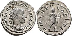 Roman Imperial Gordian III, 238-244. Antoninianus (Silver, 23 mm, 4.47 g, 5 h), Rome, 242. IMP GORDIANVS PIVS FEL AVG Radiate, draped and cuirassed bust of Gordian III to right, seen from behind. Rev.