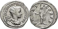 Roman Imperial Gordian III, 238-244. Antoninianus (Silver, 23 mm, 4.19 g, 11 h), Antiochia, 239. IMP CAES M ANT GORDIANVS AVG Radiate, draped and cuirassed bust of Gordian III to right, seen from behi