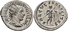 Roman Imperial Gordian III, 238-244. Antoninianus (Silver, 24 mm, 4.12 g, 12 h), Antiochia, 242-244. IMP GORDIANVS PIVS FEL AVG Radiate and cuirassed bust of Gordian III to right, seen from behind. Re