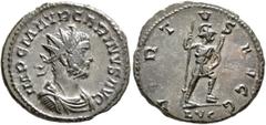 Roman Imperial Carinus, 283-285. Antoninianus (Silvered bronze, 23 mm, 4.35 g, 12 h), Lugdunum, 284. IMP C M AVR CARINVS AVG Radiate, draped and cuirassed bust of Carinus to right. Rev. VIRTVS AVGG / 