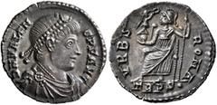 Roman Imperial Valens, 364-378. Siliqua (Silver, 20 mm, 2.03 g, 6 h), Treveri, 367-375. D N VALENS P F AVG Pearl-diademed, draped and cuirassed bust of Valens to right. Rev. VRBS ROMA / TRPS• Roma sea