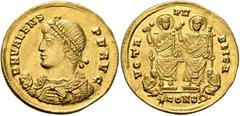 Roman Imperial Valens, 364-378. Solidus (Gold, 21 mm, 4.46 g, 6 h), Constantinopolis, January 368. D N VALENS P F AVG Pearl-diademed bust of Valens to left, wearing consular robes, holding mappa in hi