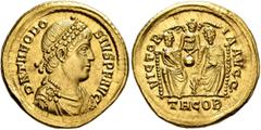 Roman Imperial Theodosius I, 379-395. Solidus (Gold, 20 mm, 4.45 g, 12 h), Thessalonica, August-September 380. D N THEODO-SIVS P F AVG Pearl-diademed, draped and cuirassed bust of Theodosius I to righ