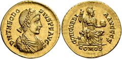 Roman Imperial Theodosius I, 379-395. Solidus (Gold, 22 mm, 4.51 g, 12 h), Constantinopolis (?), circa 388-32. D N THEODO-SIVS P F AVG Rosette-diademed, draped and cuirassed bust of Theodosius I to ri