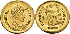 Roman Imperial Theodosius I, 379-395. Solidus (Gold, 20 mm, 4.49 g, 12 h), uncertain military mint, 393-395. D N THEODO-SIVS P F AVG Pearl-diademed, draped and cuirassed bust of Theodosius I to right.