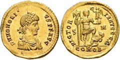 Roman Imperial Honorius, 393-423. Solidus (Gold, 20 mm, 4.50 g, 6 h), Sirmium, 393-395. D N HONORI-VS P F AVG Rosette-diademed, draped and cuirassed bust of Honorius to right. Rev. VICTORI-A AVGGG Δ /