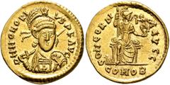 Roman Imperial Honorius, 393-423. Solidus (Gold, 20 mm, 4.43 g, 6 h), Thessalonica, 395-402. D N HONORI-VS P F AVG Pearl-diademed, helmeted and cuirassed bust of Honorius facing, his head turned sligh