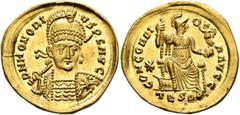 Roman Imperial Honorius, 393-423. Solidus (Gold, 21 mm, 4.40 g, 6 h), Thessalonica, 408-420. D N HONORI-VS P F AVG Pearl-diademed, helmeted and cuirassed bust of Honorius facing, his head turned sligh