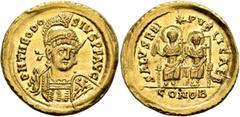 Roman Imperial Theodosius II, 402-450. Solidus (Gold, 22 mm, 4.38 g, 6 h), Constantinopolis, 425-430. D N THEODO-SIVS P F AVG Helmeted, pearl-diademed and cuirassed bust of Theodosius II facing, his h