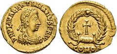 Roman Imperial Valentinian III, 425-455. Tremissis (Gold, 13 mm, 1.43 g, 6 h), Ravenna or Rome, circa 430-455. D N PLA VALENTINIANVS P F AVG Pearl-and-rosette-diademed, draped and cuirassed bust of Va