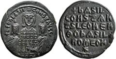 Byzantine Basil I the Macedonian, with Constantine and Leo VI, 867-886. Follis (Bronze, 26 mm, 7.97 g, 6 h), Constantinopolis, 870-879. + LЄOҺ bASIL COҺST AЧGG Facing half-length figures of Basil in c