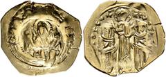 Byzantine Andronicus II Palaeologus, with Michael IX, 1282-1328. Hyperpyron (Electrum, 25 mm, 3.95 g, 6 h), Constantinopolis. Bust of Virgin Mary, orans, flanked by two stars, all within city walls fu