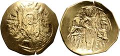 Byzantine Andronicus II Palaeologus, with Michael IX, 1282-1328. Hyperpyron (Electrum, 26 mm, 3.78 g, 6 h), Constantinopolis. Bust of Virgin Mary, orans, within city walls furnished with six groups of