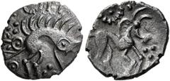 The L.I.M.B. Collection BRITAIN. Iceni. Uninscribed, circa 20 BC-10 AD. Unit (Silver, 14 mm, 0.94 g, 2 h), Norfolk boar type. Stylized boar standing right with pellet on shoulder; ornaments around. Re
