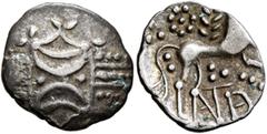 The L.I.M.B. Collection BRITAIN. Iceni. Anted, circa AD 1-25. Unit (Silver, 15 mm, 1.22 g, 9 h), Anted D-Bar type (Icenian G). Two opposed crescents with pellets between, superimposed upon band of thr