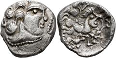The L.I.M.B. Collection NORTHWEST GAUL. Baiocassi. Circa 50-30 BC. Hemistater (Silver, 22 mm, 3.89 g, 9 h). Celticized head of Apollo to right, surmounted by a boar and with strings of pearls coming o