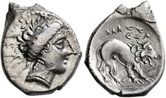 The L.I.M.B. Collection SOUTHERN GAUL. Insubres. 2nd century BC. Drachm (Silver, 18 mm, 2.25 g, 12 h), imitating Massalia. Head of nymph to right, wearing triple-pendant earring. Rev. Lion right; abov
