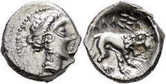 The L.I.M.B. Collection SOUTHERN GAUL. Insubres. 2nd century BC. Drachm (Silver, 15 mm, 2.69 g, 6 h), imitating Massalia. Head of nymph to right, wearing triple-pendant earring. Rev. Lion right; above