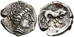 The L.I.M.B. Collection SOUTHERN GAUL. Insubres. 2nd century BC. Drachm (Silver, 16 mm, 2.53 g, 8 h), imitating Massalia. Head of nymph to right, wearing triple-pendant earring. Rev. Lion right; above