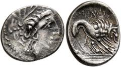 The L.I.M.B. Collection SOUTHERN GAUL. Insubres. 2nd century BC. Drachm (Silver, 17 mm, 2.24 g, 5 h), imitating Massalia. Head of nymph to right, wearing triple-pendant earring. Rev. Lion right; above