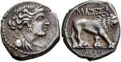 The L.I.M.B. Collection GAUL. Massalia. Circa 90-49 BC. Drachm (Silver, 16 mm, 2.68 g, 4 h), light standard. Diademed and draped bust of Artemis right, with bow and quiver over shoulder. Rev. MAΣΣA / 