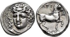 Greek THESSALY. Larissa. Circa 356-342 BC. Stater (Silver, 23 mm, 12.32 g, 11 h). Head of the nymph Larissa facing slightly to left, wearing ampyx, pendant earring and necklace. Rev. [Λ]ΑΡΙ-Σ/[Α]ΙΩΝ B
