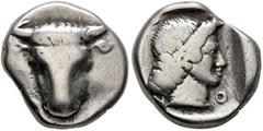 Greek PHOKIS, Federal Coinage. Circa 457-446. Triobol (Silver, 13 mm, 3.02 g, 3 h). Facing head of a bull. Rev. [Φ]-O-K-[I] Head of Artemis to right, with her hair in a bun; all within shallow incuse 