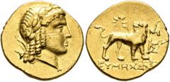 Greek IONIA. Miletos. Circa 130-120 BC. Stater (Gold, 20 mm, 8.51 g, 12 h), Attic standard, Eumechanos, magistrate. Laureate head of Apollo to right, with bow and quiver over his left shoulder. Rev. E