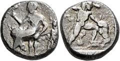 Greek CYPRUS. Kition (?). Circa mid to late 5th century BC. Stater (Silver, 22 mm, 10.32 g, 12 h). Male figure seated to left on throne, holding scepter surmounted by a bird in his right hand and plac