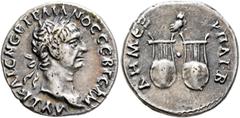 Roman Provincial LYCIA. Trajan, 98-117. Drachm (Silver, 17 mm, 3.29 g, 6 h), 98-99. AΥT KAIC NЄΡ TΡAIANOC CЄB ΓЄΡM Laureate head of Trajan to right. Rev. ΔHM ЄΞ ΥΠAT B Two lyres; between them, pellet;