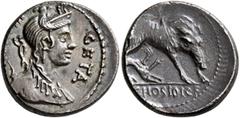 Roman Republican & Imperatorial C. Hosidius C.f. Geta, 64 BC. Denarius (Silver, 18 mm, 4.00 g, 6 h), Rome. GETA - [III•VIR] Diademed and draped bust of Diana to right, with bow and quiver over her sho