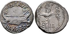 Roman Republican & Imperatorial Mark Antony, 44-30 BC. Denarius (Silver, 17 mm, 3.90 g, 6 h), ilitary mint moving with Mark Antony (Patrae?), 32-31. ANT AVG - III VIR•R•P•C Galley right, with scepter 