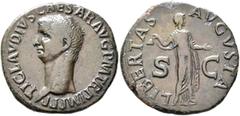Roman Imperial Claudius, 41-54. As (Copper, 29 mm, 9.68 g, 6 h), Rome, 42-43. TI CLAVDIVS CAESAR AVG P M TR P IMP P P Bare head of Claudius to left. Rev. LIBERTAS AVGVSTA / S - C Libertas standing fro