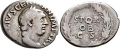 Roman Imperial Vitellius, 69. Denarius (Silver, 20 mm, 3.10 g, 6 h), Rome, circa late April–20 December 69. [A VITE]LLIVS GERMAN IMP TR P Laureate head of Vitellius to right. Rev. S P Q R / OB / C S w