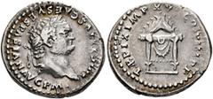 Roman Imperial Titus, 79-81. Denarius (Silver, 19 mm, 3.50 g, 5 h), Rome, 80. IMP TITVS CAES VESPASIAN AVG P M• Laureate head of Titus to right. Rev. TR P IX IMP XV COS VIII P P Pulvinar of Jupiter an