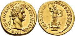 Roman Imperial Domitian, 81-96. Aureus (Gold, 21 mm, 7.52 g, 6 h), Rome, January-September 88. IMP•CAES•DOMIT•AVG•GERM•P•M•TR•P VII Laureate head of Domitian to right. Rev. IMP•XIIII•COS•XIIII•CENS•P•