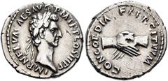 Roman Imperial Nerva, 96-98. Denarius (Silver, 19 mm, 2.88 g, 7 h), Rome, 97. IMP NERVA CAES AVG P M TR P II COS III P P Laureate head of Nerva to right. Rev. CONCORDIA EXERCITVVM Clasped right hands.