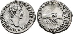 Roman Imperial Nerva, 96-98. Denarius (Silver, 17 mm, 3.61 g, 6 h), Rome, 97. IMP NERVA CAES AVG P M TR P II COS III P P Laureate head of Nerva to right. Rev. CONCORDIA EXERCITVVM Clasped right hands.