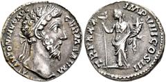 Roman Imperial Marcus Aurelius, 161-180. Denarius (Silver, 17 mm, 3.09 g, 12 h), Rome, 175-176. M ANTONINVS AVG GERM SARM Laureate head of Marcus Aurelius to right. Rev. TR P XXX IMP VIII COS III Feli