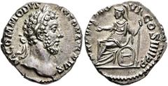 Roman Imperial Commodus, 177-192. Denarius (Silver, 16 mm, 2.72 g, 12 h), Rome, 183-184. M COMMODVS ANTON AVG PIVS Laureate head of Commodus to right. Rev. P M TR P VIIII IMP VI COS IIII P P Roma seat