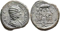 Roman Imperial Julia Domna, Augusta, 193-217. As (Copper, 28 mm, 11.95 g, 6 h), Rome, 214. IVLIA PIA FELIX AVG Draped bust of Julia Domna to right. Rev. VESTA / S C Four vestals virgins sacrificing ov