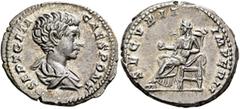 Roman Imperial Geta, as Caesar, 198-209. Denarius (Silver, 19 mm, 3.60 g, 6 h), Rome, 199. P SEPT GETA CAES PONT Bare-headed and draped bust of Geta to right, seen from behind. Rev. SECVRIT IMPERII Se