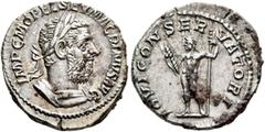 Roman Imperial Macrinus, 217-218. Denarius (Silver, 20 mm, 3.42 g, 5 h), Rome, summer 217-early 218. IMP C M OPEL SEV MACRINVS AVG Laureate and cuirassed bust of Macrinus to right. Rev. IOVI CONSERVAT