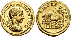 Roman Imperial Severus Alexander, 222-235. Aureus (Gold, 21 mm, 6.43 g, 12 h), Rome, April 222. IMP C M AVR SEV ALEXAND AVG Laureate, draped and cuirassed bust of Severus Alexander to right, seen from